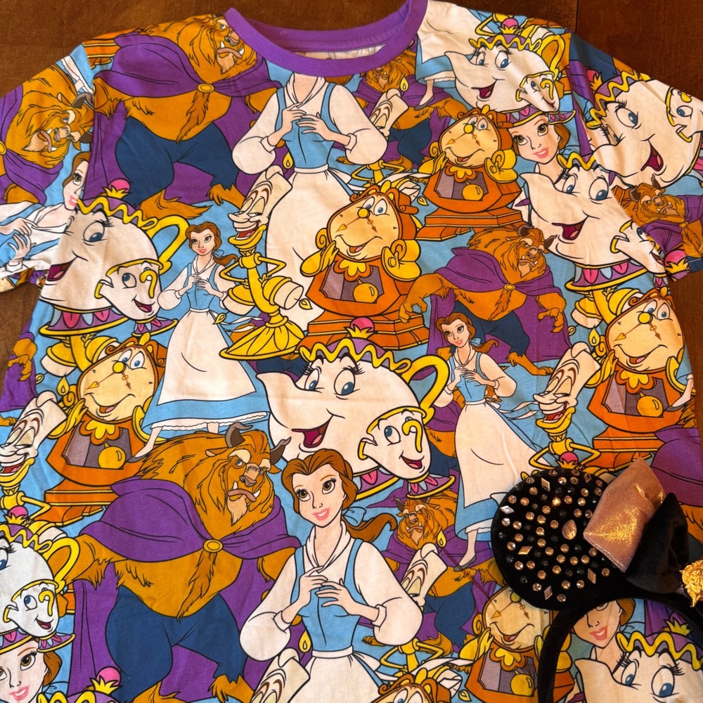 Cakeworthy T-Shirt Unisex Large Multicolor Beauty and the Beast All Over Print